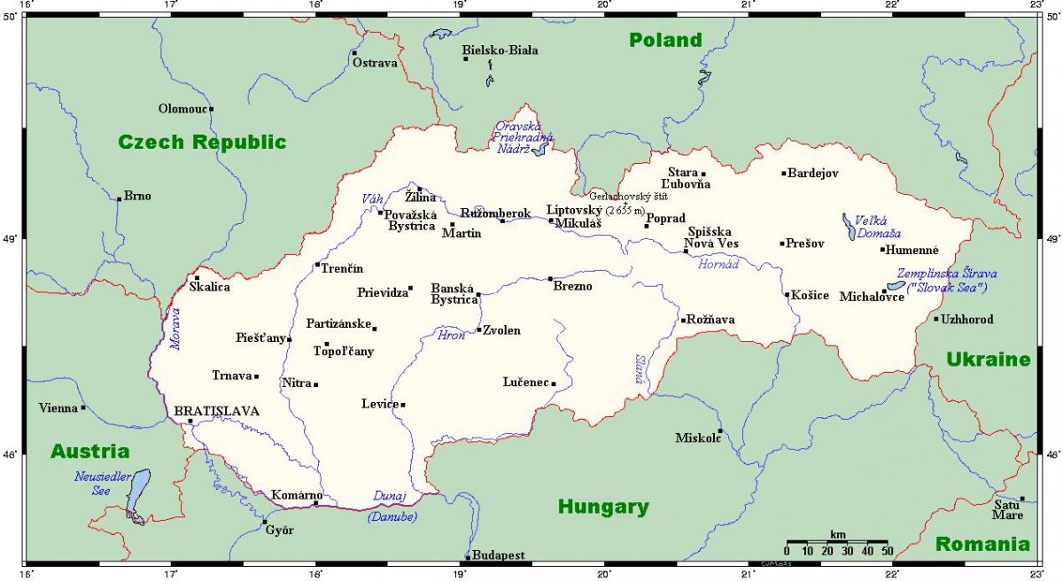 מפה של סלובקיה עם ערים